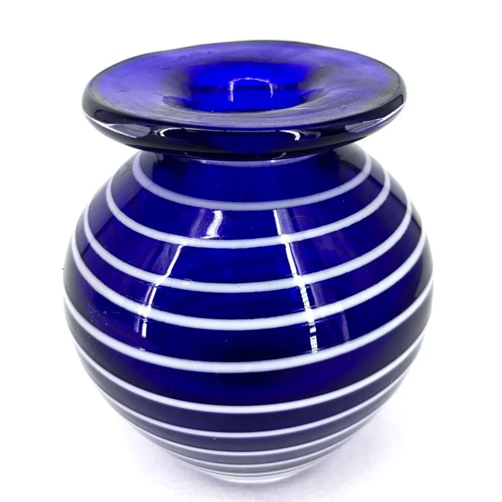 Cobalt Blue Vase Art Glass Iridescent White Swirled Small 3 1/4